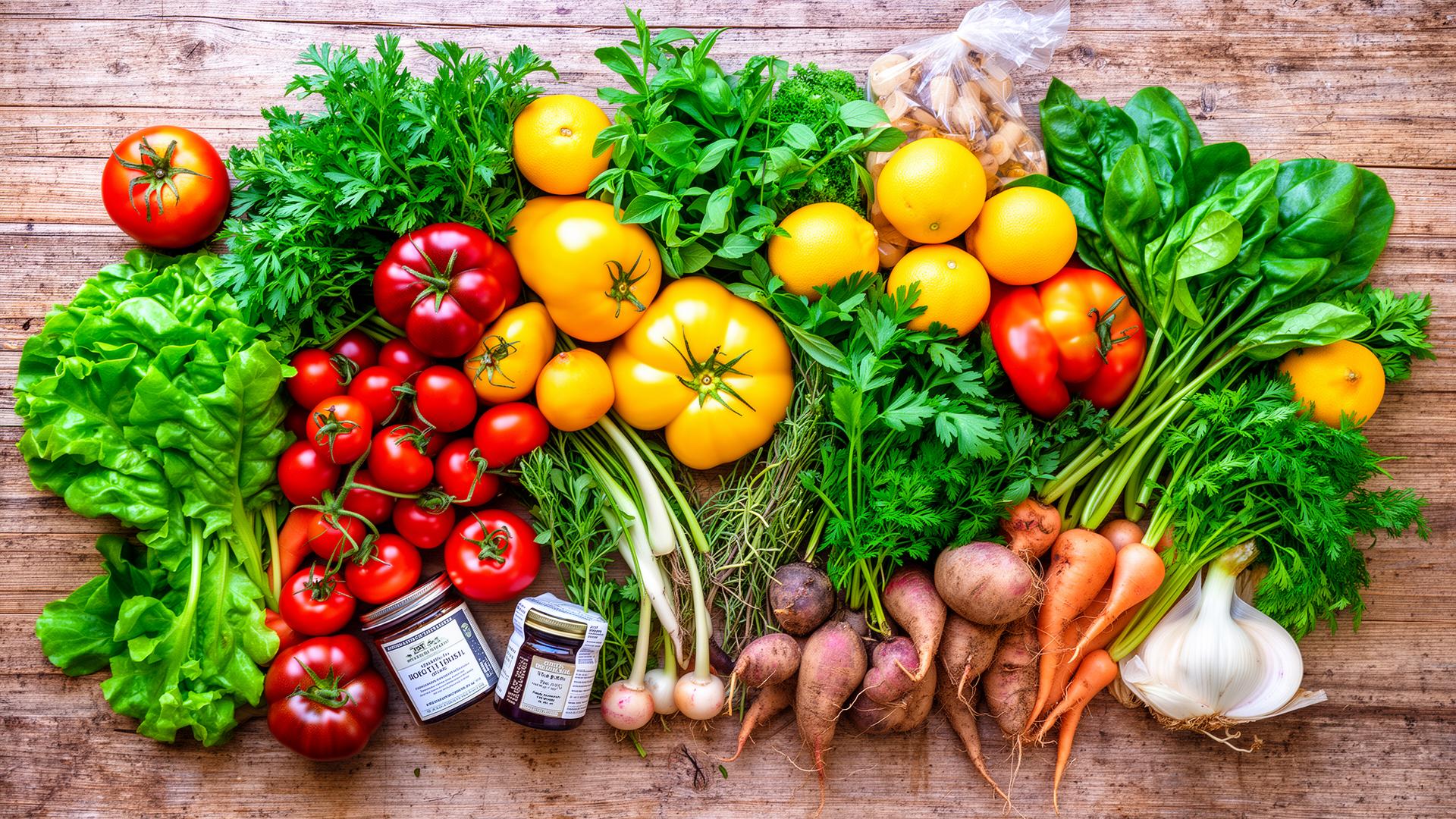 Vibrant fresh regional farm produce arranged on a rustic table
