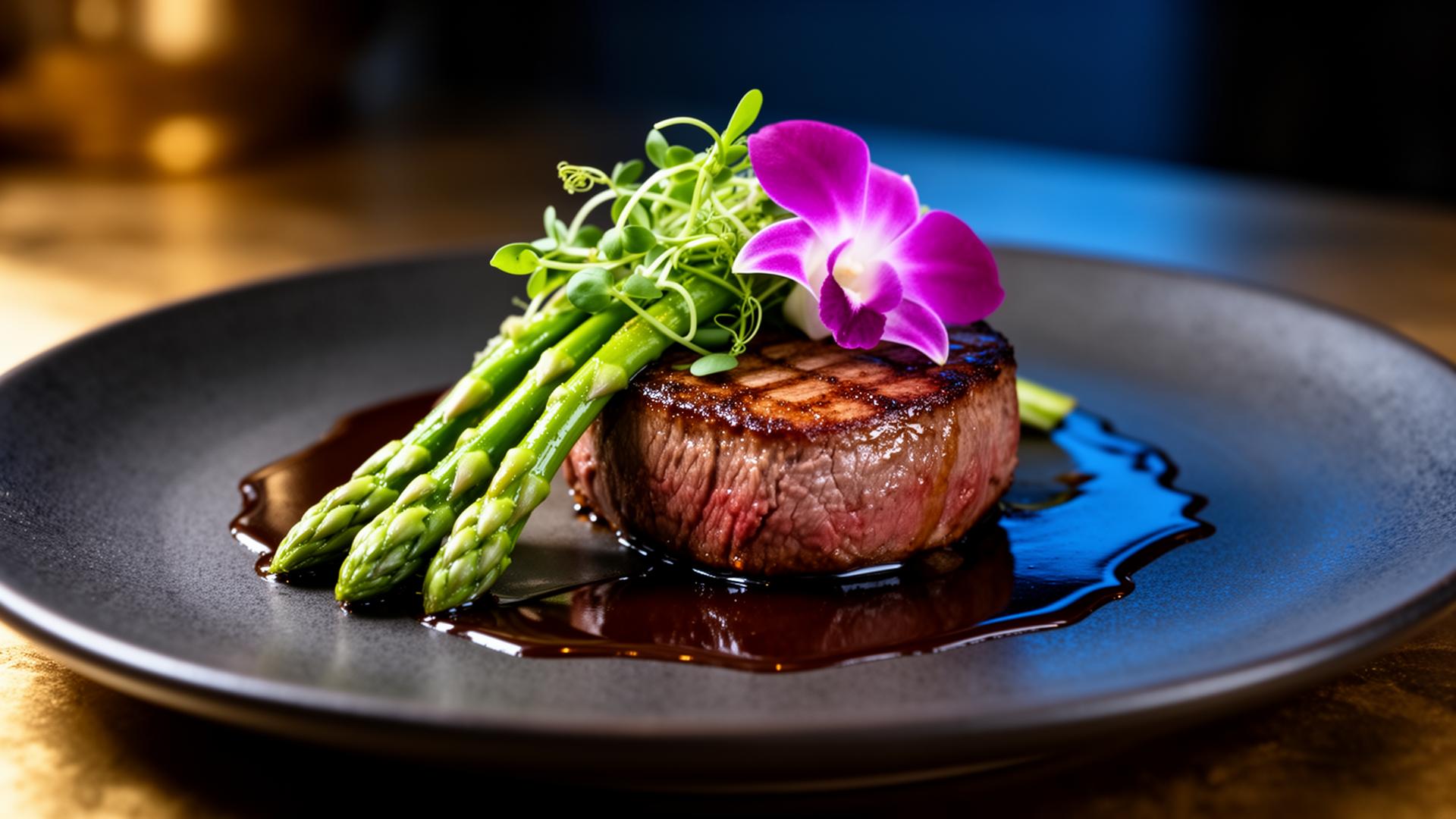 Elevated farm-to-plate dish: seared steak with asparagus, microgreens and an orchid garnish